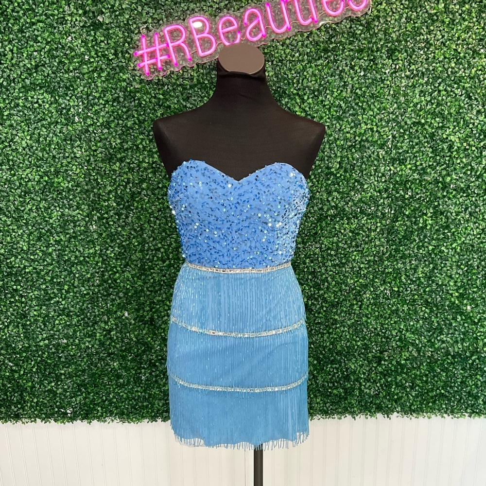 Blue Strapless Beaded Fringe Dress